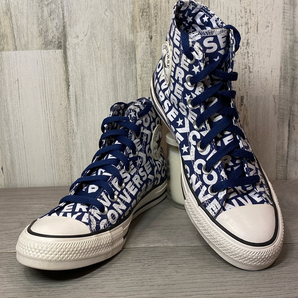 Converse Blue and White High-Top Sneakers Bold Graphic Design